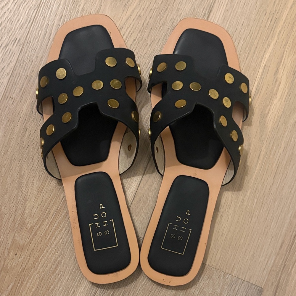 ShuShop Black Sandals with Gold Dots
